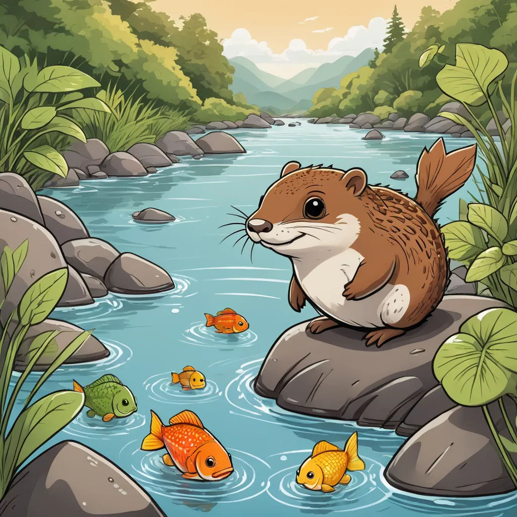a beaver sitting on a rock in a river surrounded by fish and plants illustration by alex krawc, sots art, a storybook illustration, Chippy, storybook illustration