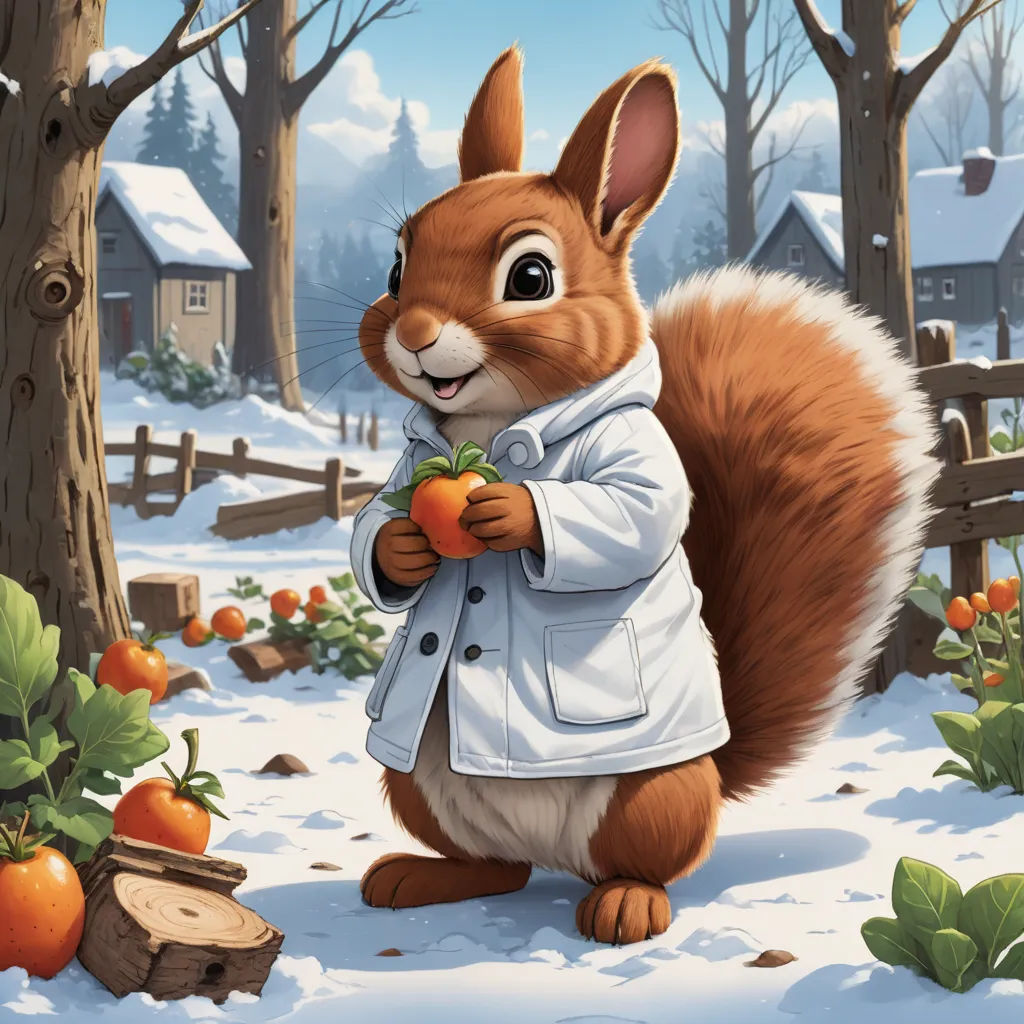 a squirrel in a winter coat holding an apple in a snowy landscape with a fence and trees in the background, furry art, an oil painting, Chris LaBrooy, official art