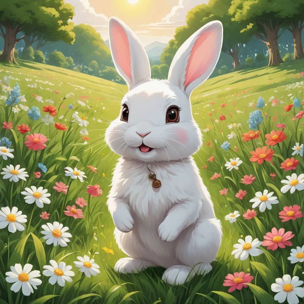 a white rabbit sitting in a field of flowers with a sun in the background and a field of flowers, furry art, a detailed painting, Chris LaBrooy, rossdraws global illumination