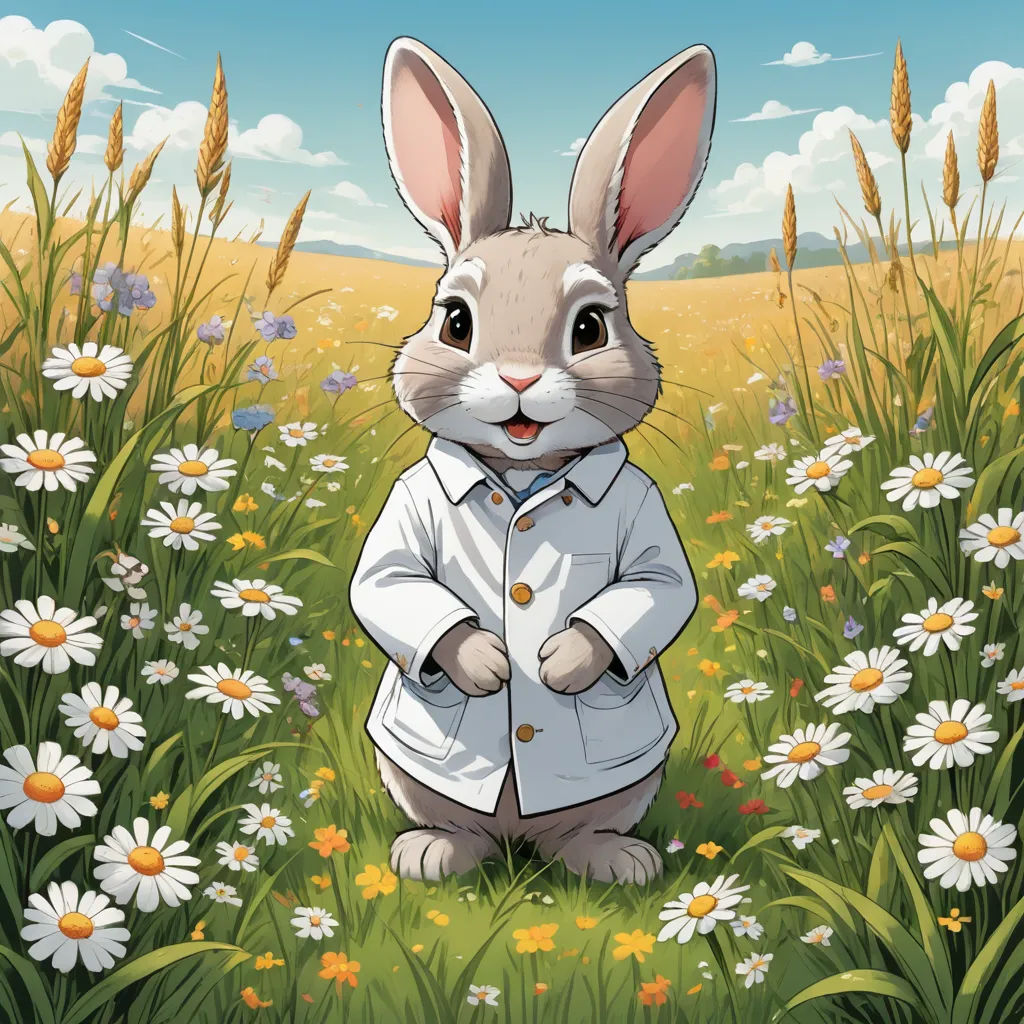 a rabbit in a field of flowers with a coat on it's head and a tie on his lap, furry art, a character portrait, Beatrix Potter, official art