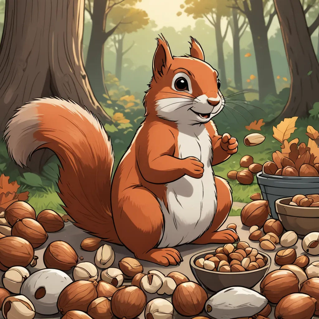 a squirrel is sitting on the ground surrounded by nuts and nutshells, and a bowl of nuts is in the foreground, furry art, a storybook illustration, Chris LaBrooy, official art