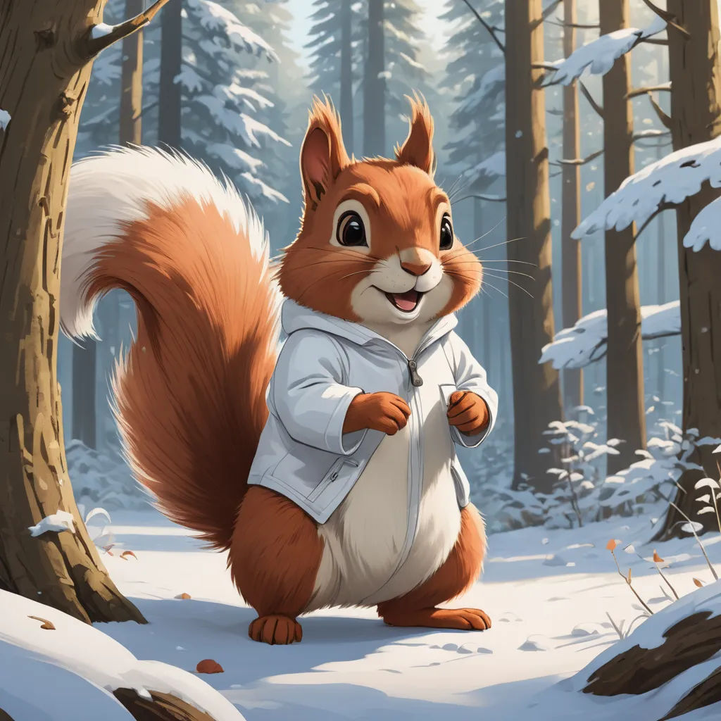 a squirrel in a white jacket standing in the snow in front of a tree and a forest with snow, furry art, a storybook illustration, Chris LaBrooy, trending on art station