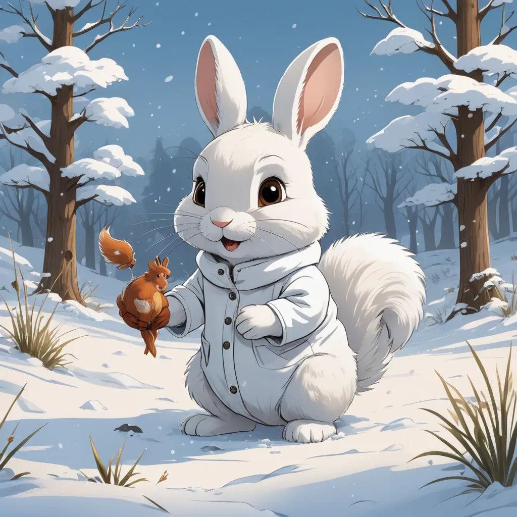 a cartoon bunny holding a squirrel in a snowy forest with trees and snow on the ground and snow on the ground, altermodern, a storybook illustration, Chris LaBrooy, trending on art station