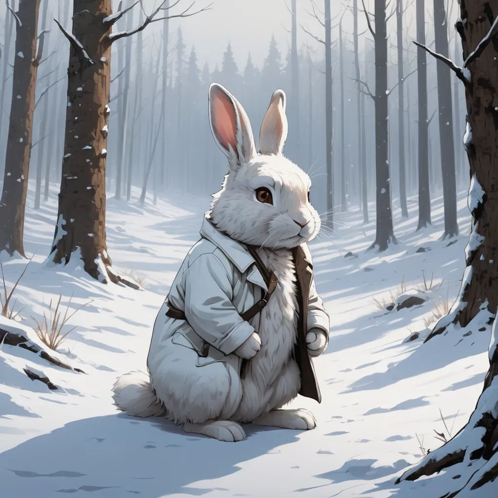 a white rabbit in a white jacket sitting in the snow in a forest with trees and snow on the ground, furry art, a storybook illustration, Aaron Jasinski, art greg rutkowski
