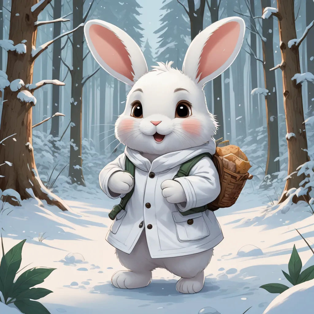 a cartoon bunny is holding a basket in the snow in a forest with trees and snow on the ground, furry art, a storybook illustration, Chris Rallis, magic the gathering artwork