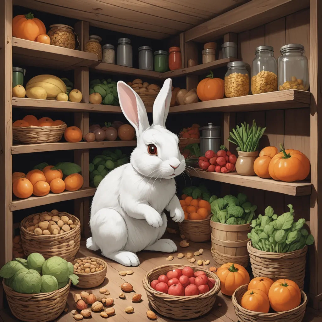 a white rabbit sitting in a pantry surrounded by fruits and vegetables and nuts and vegetables in baskets and baskets, furry art, a storybook illustration, Chris LaBrooy, highly detailed digital painting