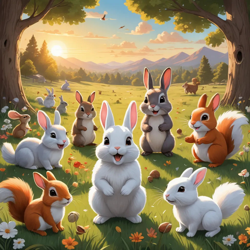 a painting of a group of rabbits in a field with trees and flowers in the background, with a sunset in the background, furry art, a detailed painting, Chris LaBrooy, rossdraws global illumination