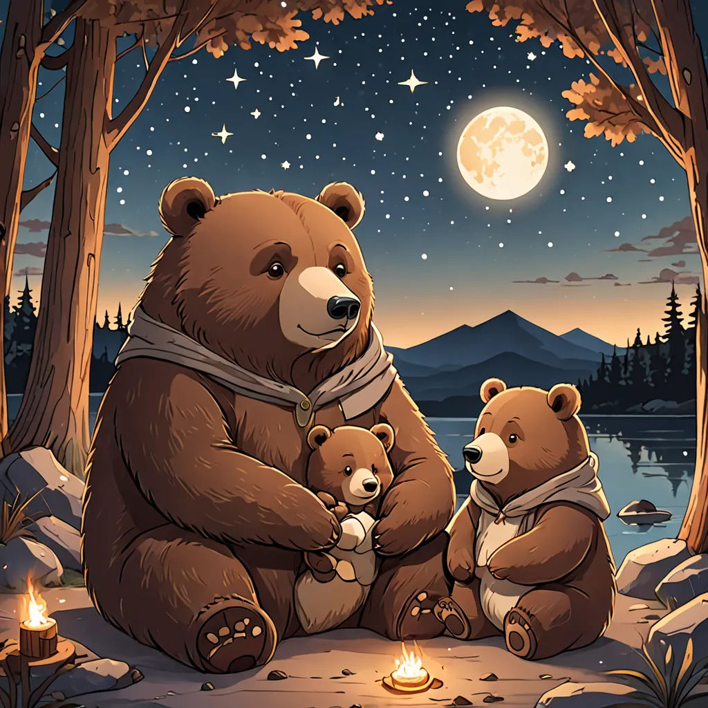a couple of bears sitting next to each other on a forest floor with a full moon in the background, Dan Mumford, space art, a storybook illustration, official art