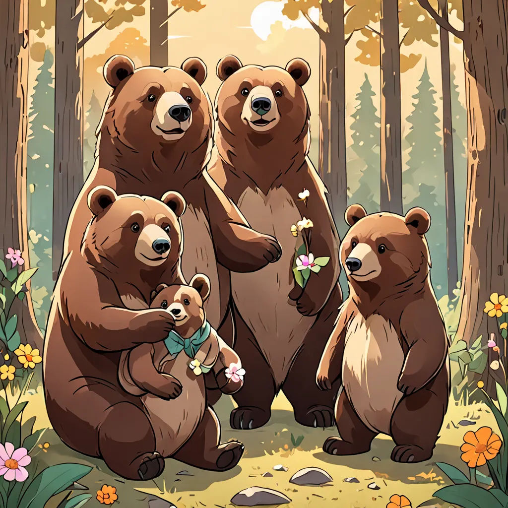 a group of bears standing in a forest with flowers and butterflies on their chests and arms, with the bear family in the background, Dan Mumford, furry art, a storybook illustration, official art