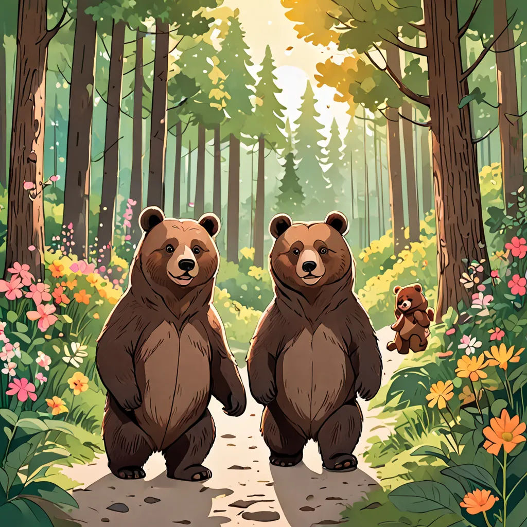 two bears standing in the middle of a forest with flowers and trees around them, holding teddy bears in their paws, Chris LaBrooy, environmental art, a storybook illustration, official art