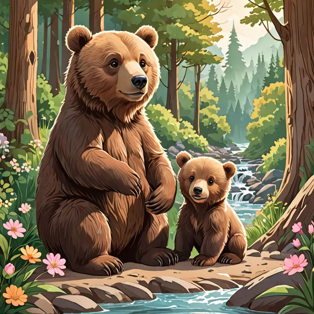 a bear and her cub are sitting on a rock in the woods by a stream of water and flowers, Chris LaBrooy, environmental art, a storybook illustration, official art