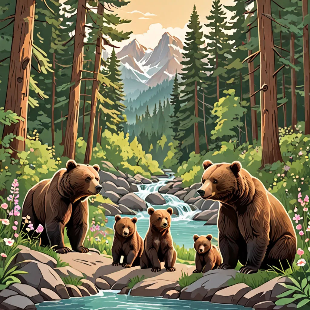 a family of bears sitting on a rock in the woods by a stream of water and trees with a mountain in the background, Dan Mumford, environmental art, a storybook illustration, official art