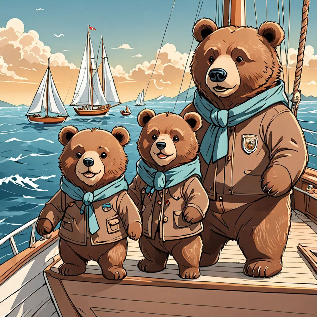 three bears are standing on a boat in the water with a sailboat in the background and a ship in the background, Chris LaBrooy, furry art, a storybook illustration, josan gonzales and dan mumford