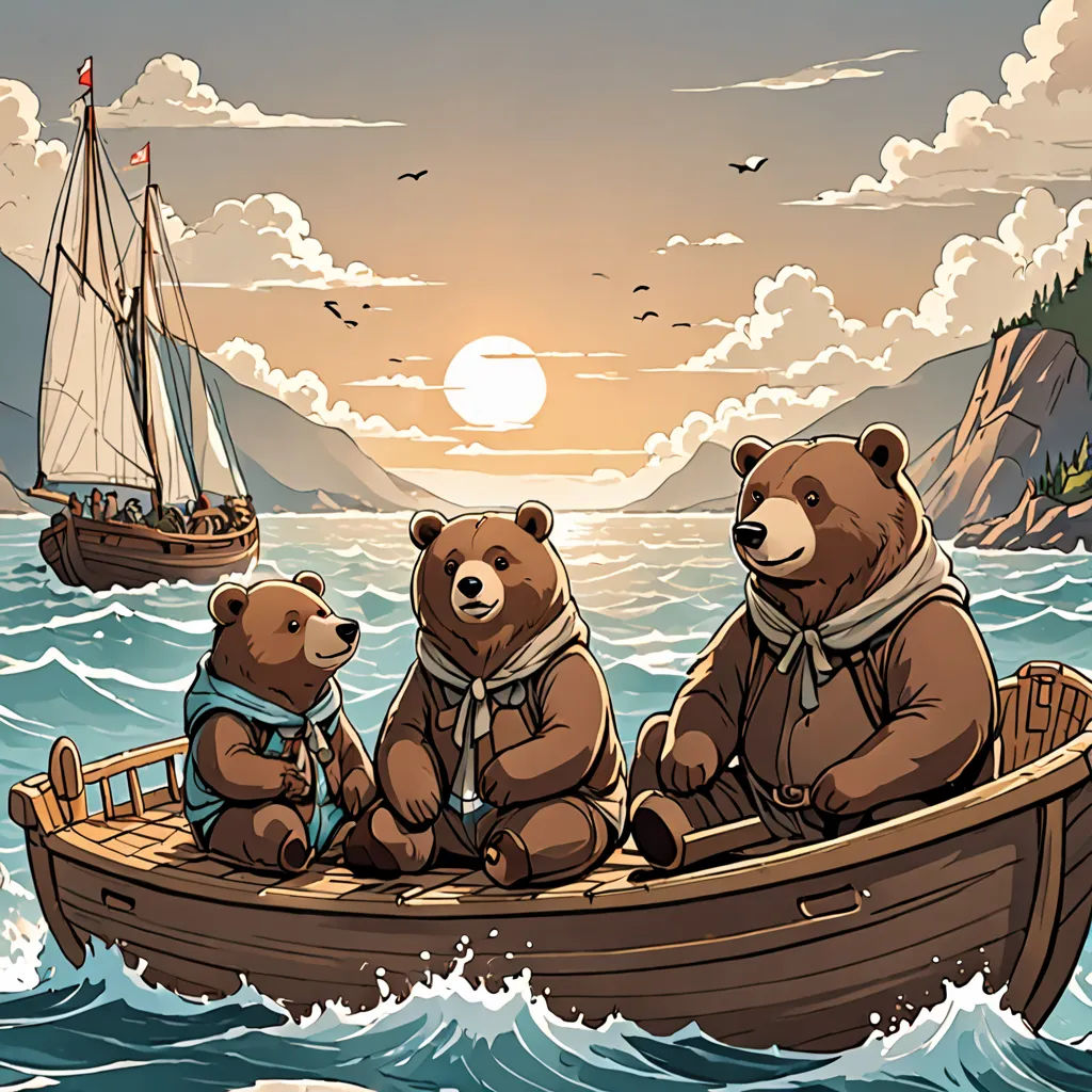 three bears are sitting in a boat in the water with a boat in the background and a boat in the foreground, Dan Mumford, furry art, a storybook illustration, comic cover art