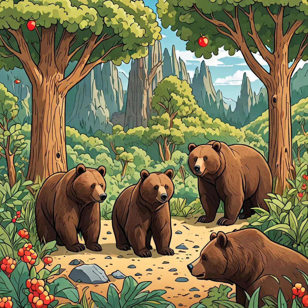 a group of bears walking through a forest filled with trees and flowers, with mountains in the background and rocks and leaves, Chris LaBrooy, environmental art, a storybook illustration, detailed illustration