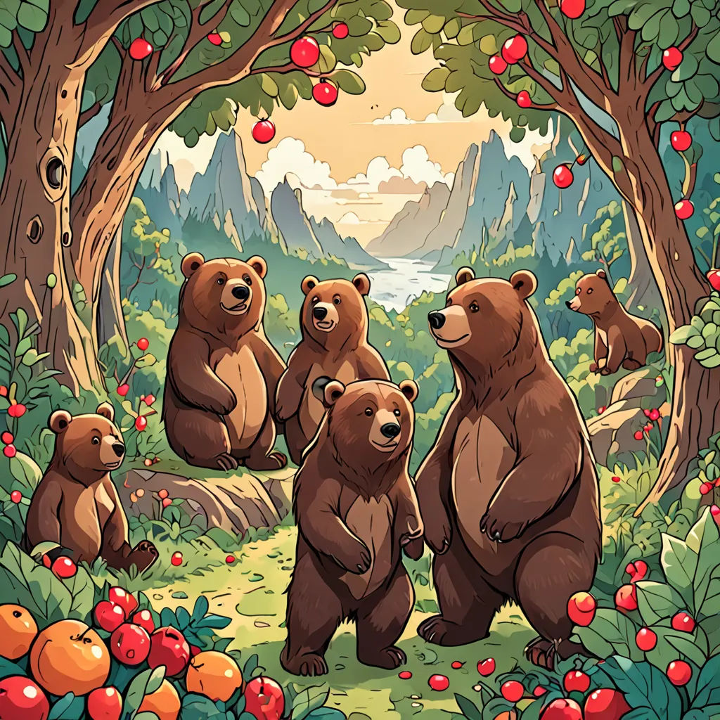 a group of bears standing in a forest with apples on the trees and mountains in the background, with a river and mountains in the distance, Chris LaBrooy, furry art, a storybook illustration, trending on furaffinity