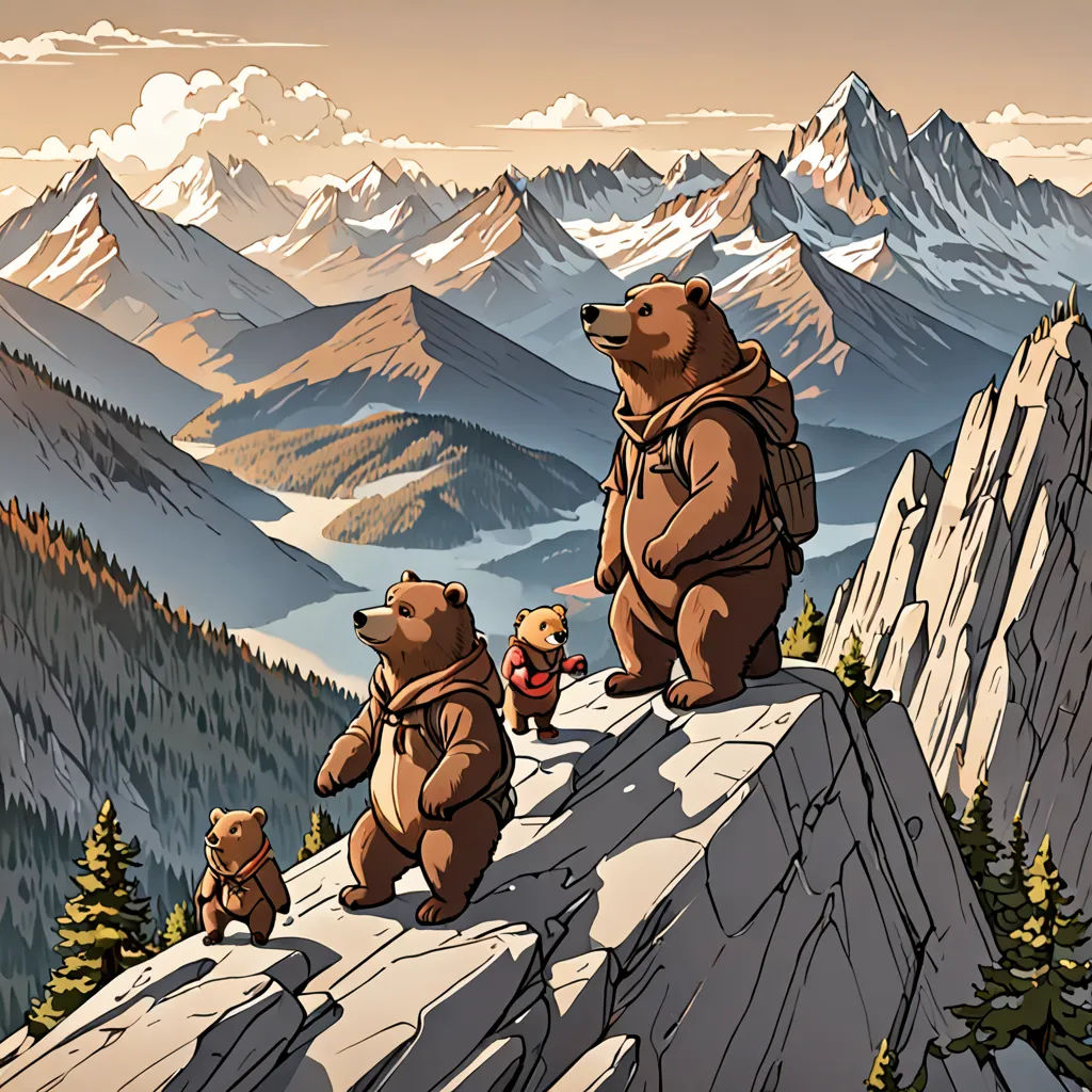 a group of bears standing on top of a mountain with mountains in the background and trees in the foreground, Dan Mumford, environmental art, a storybook illustration, josan gonzales and dan mumford