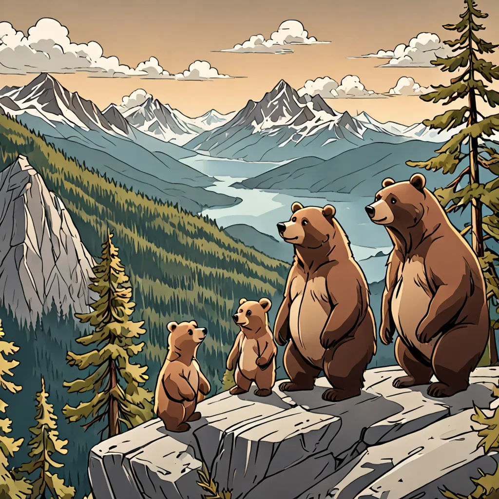 a group of bears sitting on top of a mountain together with a lake in the background and mountains in the background, Dan Mumford, environmental art, a storybook illustration, official art