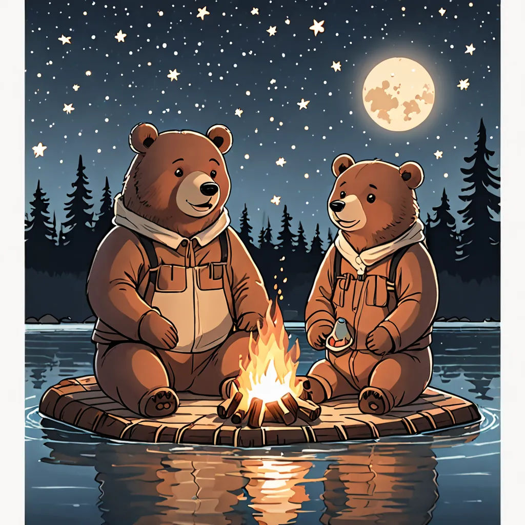 two bears sitting on a floating platform with a campfire in the water at night time with the moon and stars above, Dan Mumford, space art, a storybook illustration, josan gonzales and dan mumford
