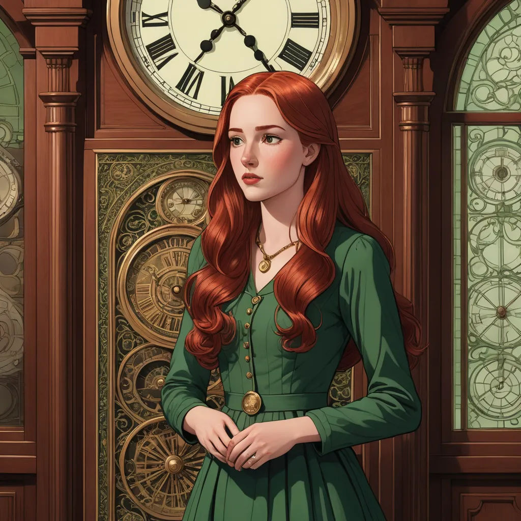 a woman in a green dress standing in front of a clock with a clock face on it's face, fantasy art, a character portrait, Clarice Beckett, victorian