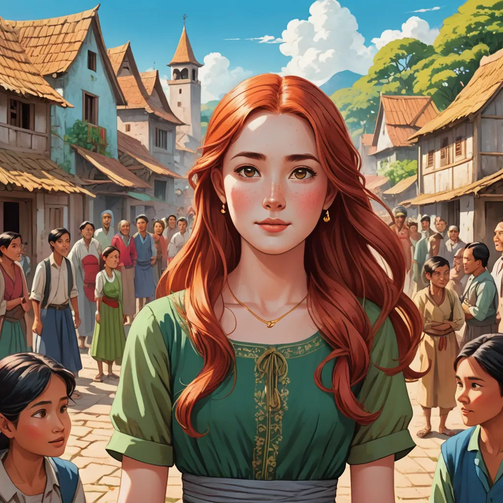 a painting of a woman in a green dress standing in front of a crowd of people in a village, fantasy art, a character portrait, Constance Gordon-Cumming, official art