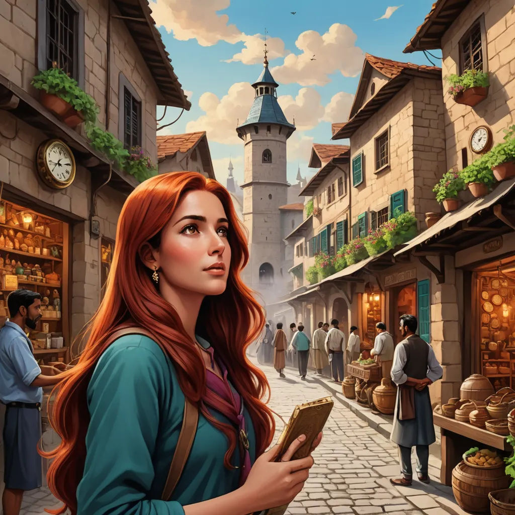 a woman standing in a street looking at a map in front of a clock tower with people walking around, fantasy art, a storybook illustration, Colin Middleton, official art