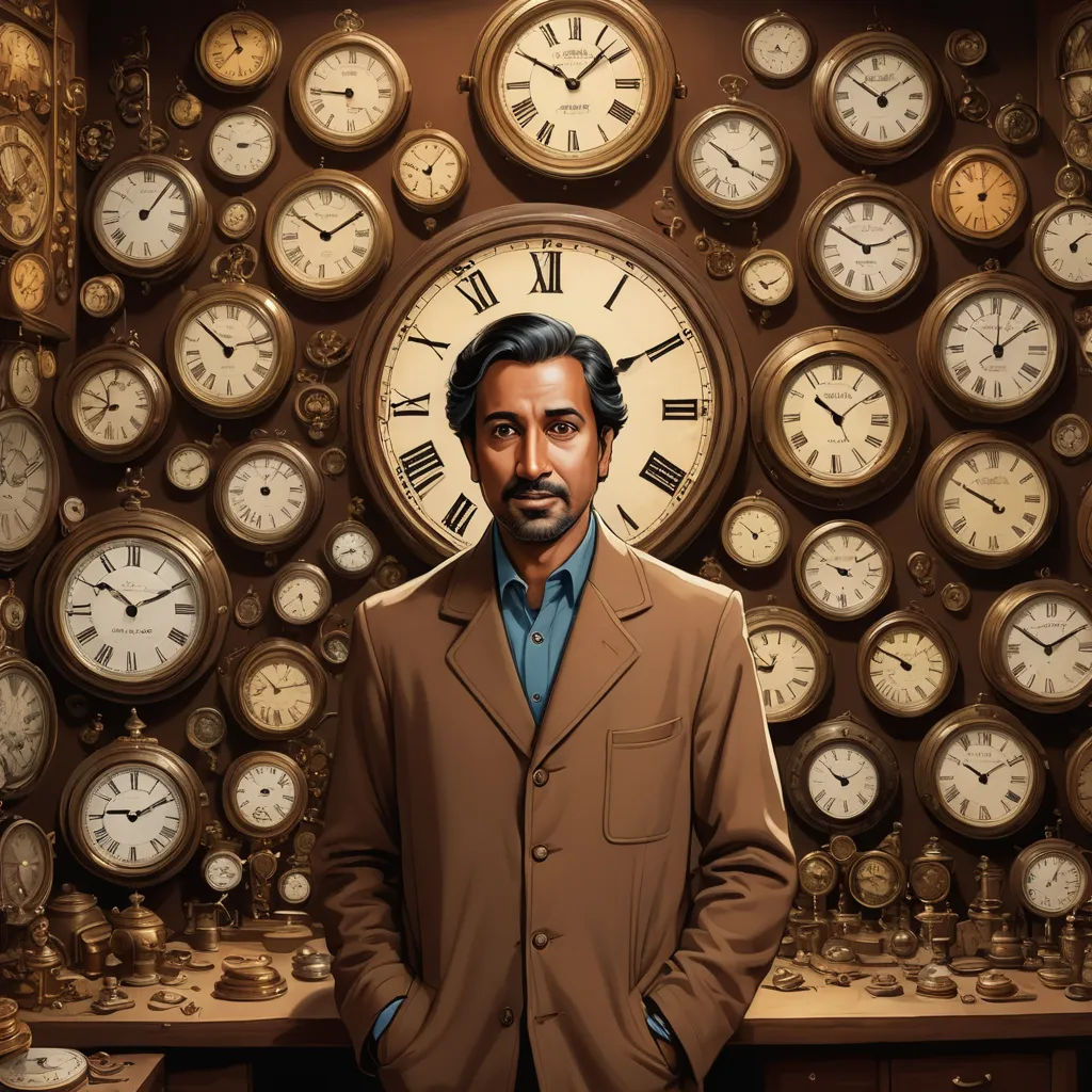 a man standing in front of a wall of clocks with a picture of him in front of it on the wall, magical realism, a character portrait, Bikash Bhattacharjee, highly detailed digital painting