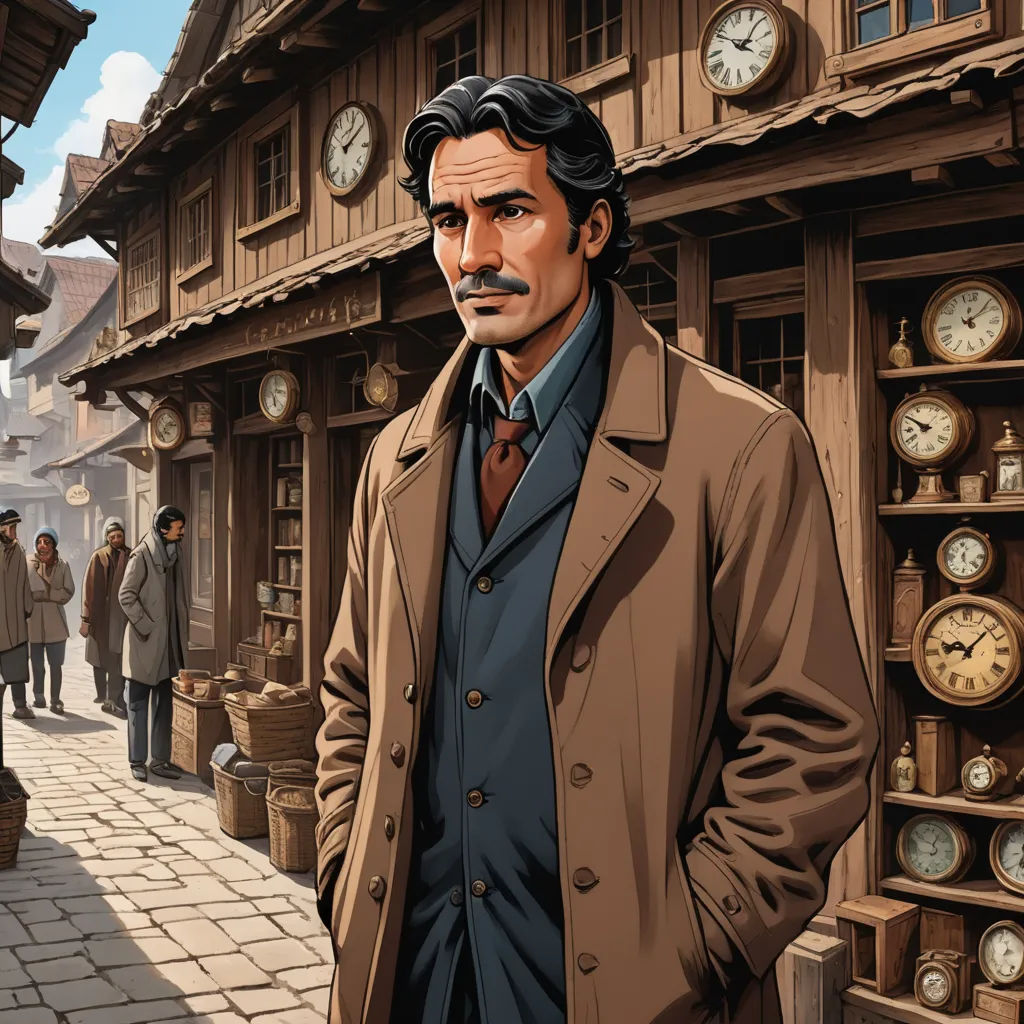 a man standing in front of a building with clocks on the wall and a clock tower in the background, new objectivity, a character portrait, Eugene Montgomery, official art
