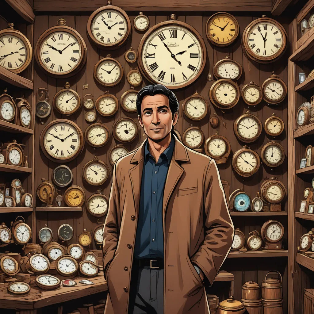 a man standing in front of a wall of clocks with a clock display behind him in a shop with a man in a coat, new objectivity, a character portrait, Diego Gisbert Llorens, promotional image