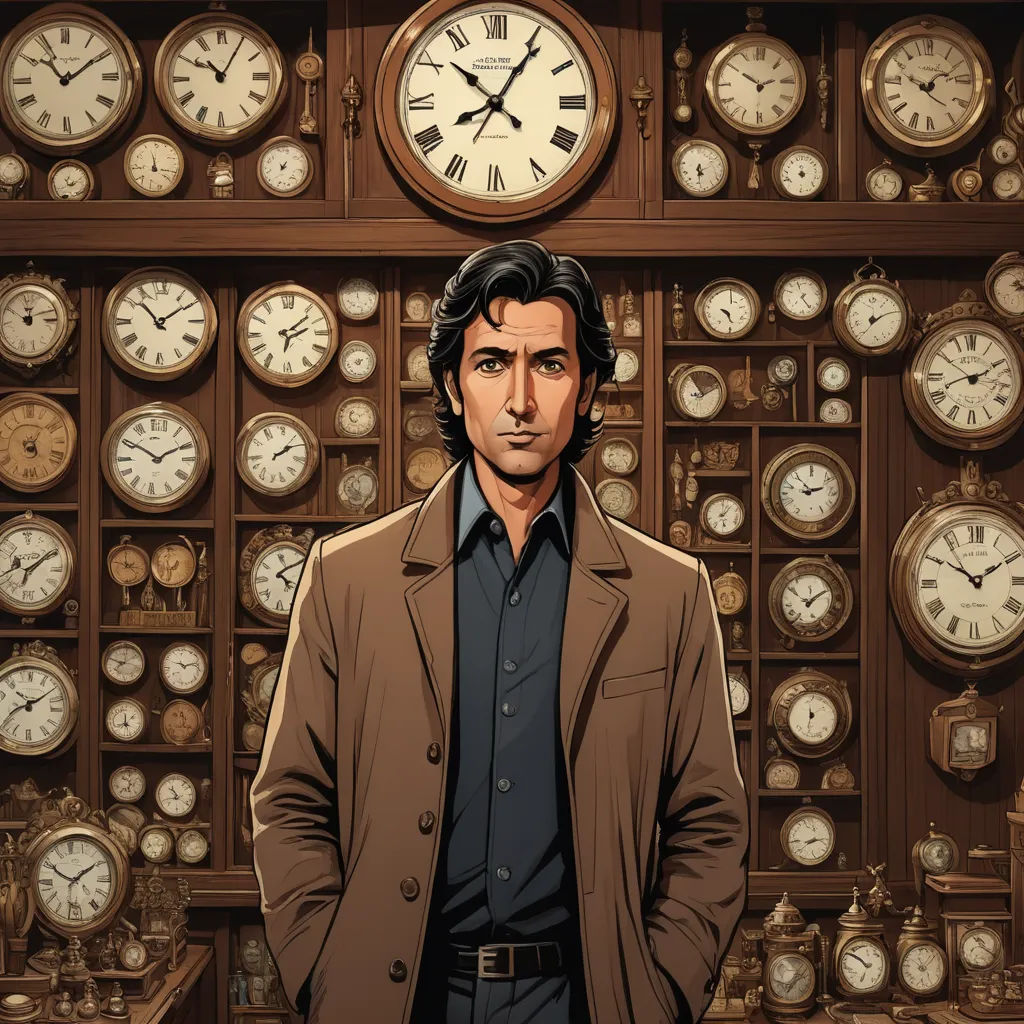 a man standing in front of a wall of clocks with a clock behind him and a clock behind him, serial art, a comic book panel, David Brewster, promotional image