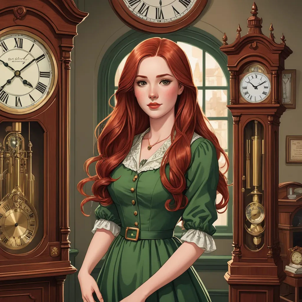 a woman in a green dress standing in front of a clock tower with a clock behind her and a clock on the wall, fantasy art, a character portrait, Clarice Beckett, character portrait