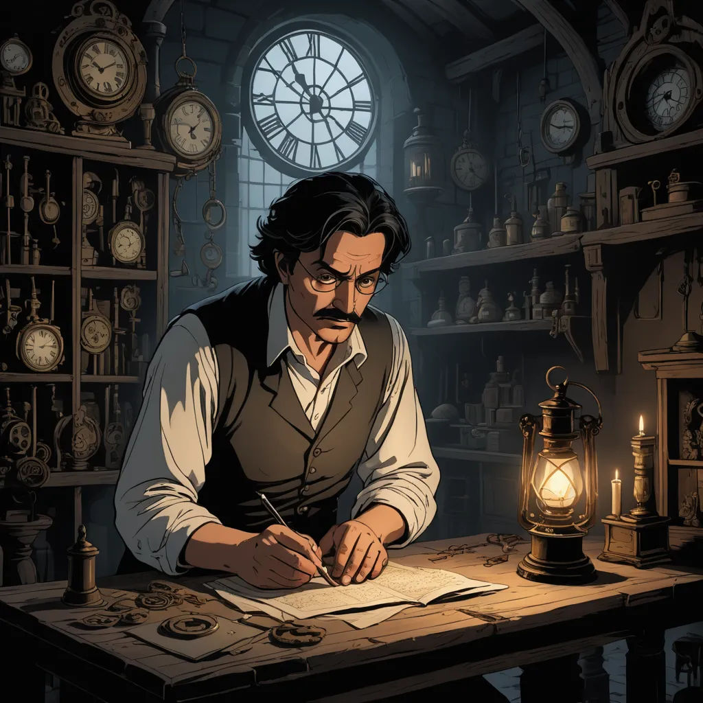 a man sitting at a desk in front of a clock tower with a pen and paper in his hand, fantasy art, a storybook illustration, Dan Mumford, official art