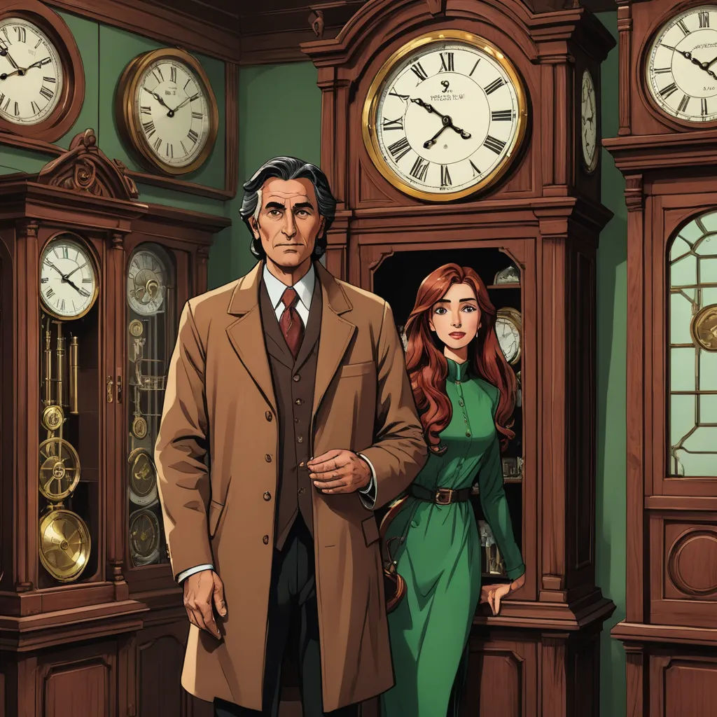 a man and a woman standing in front of clocks in a room with green walls and a clock tower, international gothic, a comic book panel, Edgar Ainsworth, official art