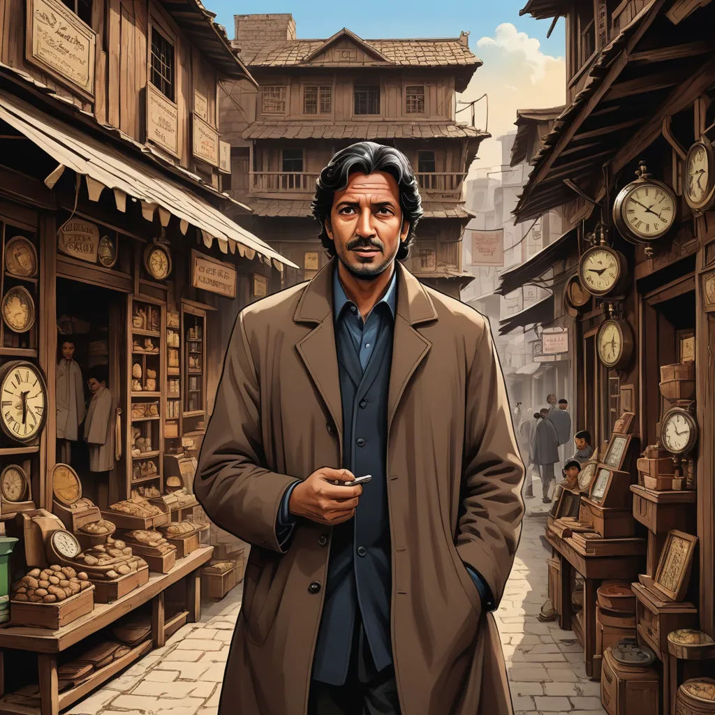 a man in a brown coat standing in a street with clocks on the buildings and a clock tower in the background, samikshavad, a character portrait, Bikash Bhattacharjee, official art