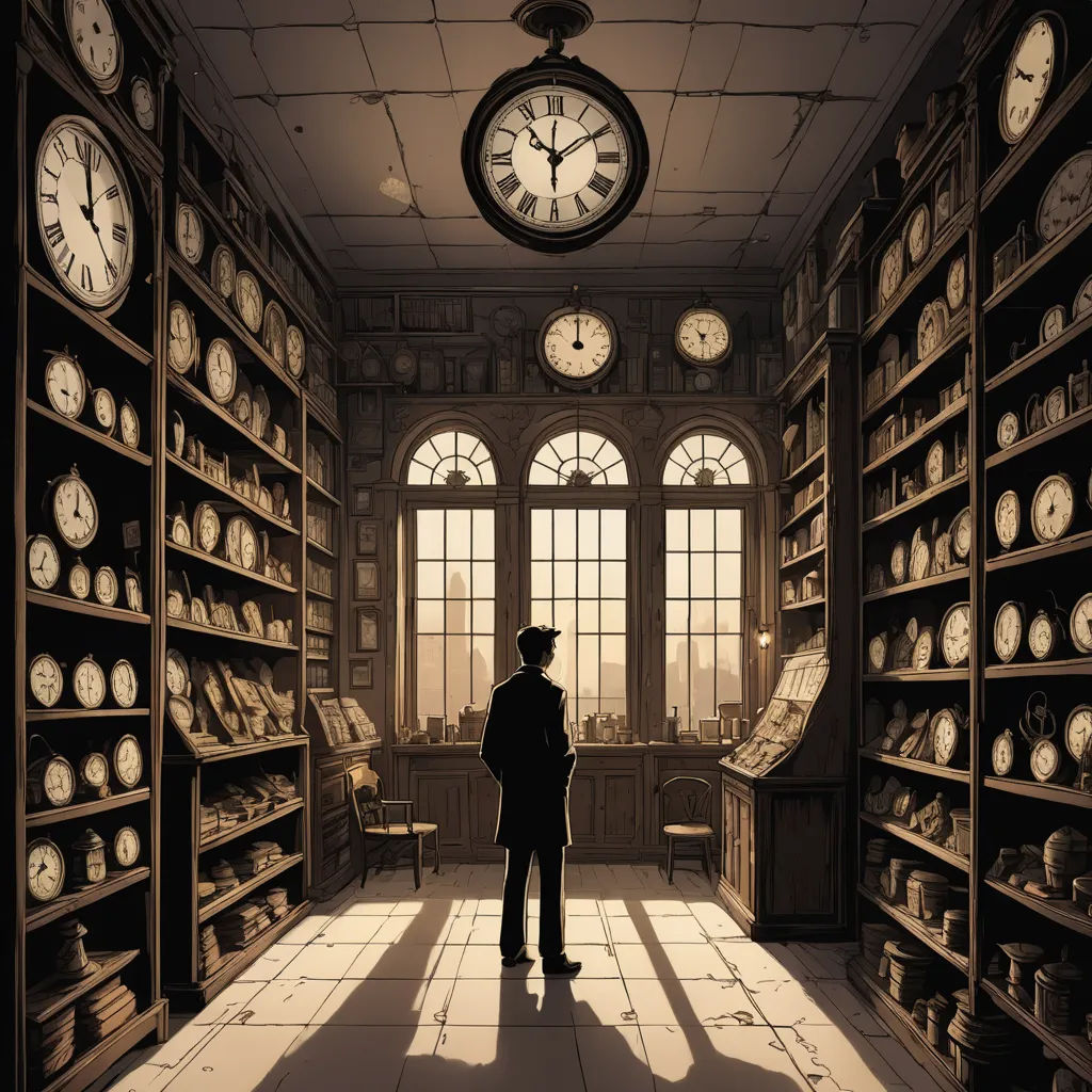 a man standing in a room with lots of clocks on the walls and shelves of clocks on the ceiling, magical realism, a storybook illustration, Diego Gisbert Llorens, steampunk