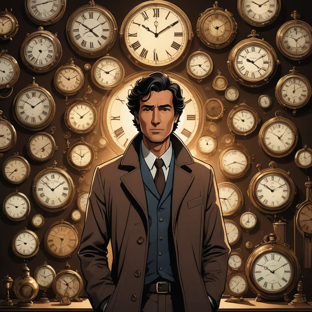 a man standing in front of a wall of clocks with a clock behind him and a man in a coat, aestheticism, a character portrait, David Brewster, official art