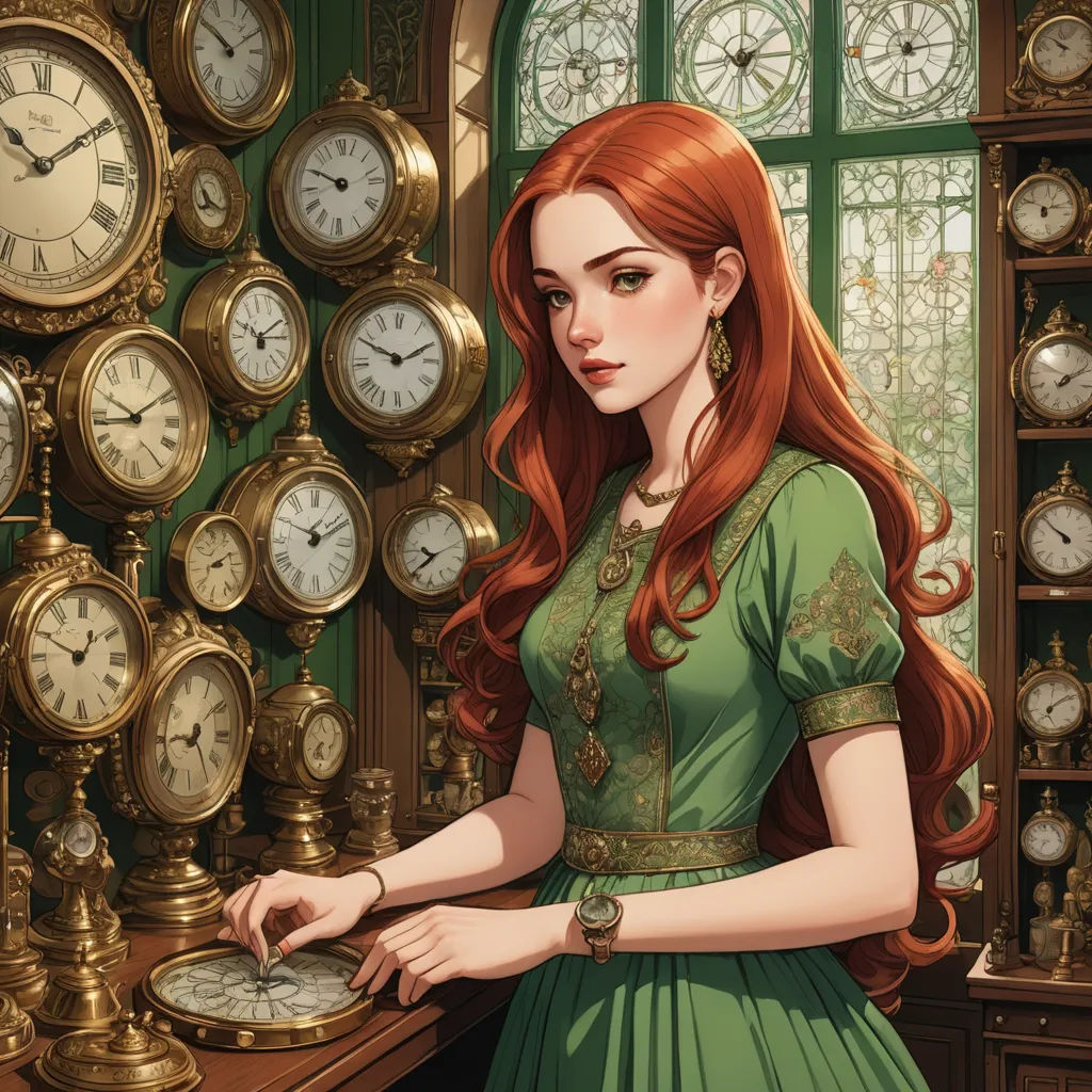 a woman in a green dress standing in front of a shelf of clocks and clocks on display in a store, fantasy art, a storybook illustration, Clarice Beckett, kinkade