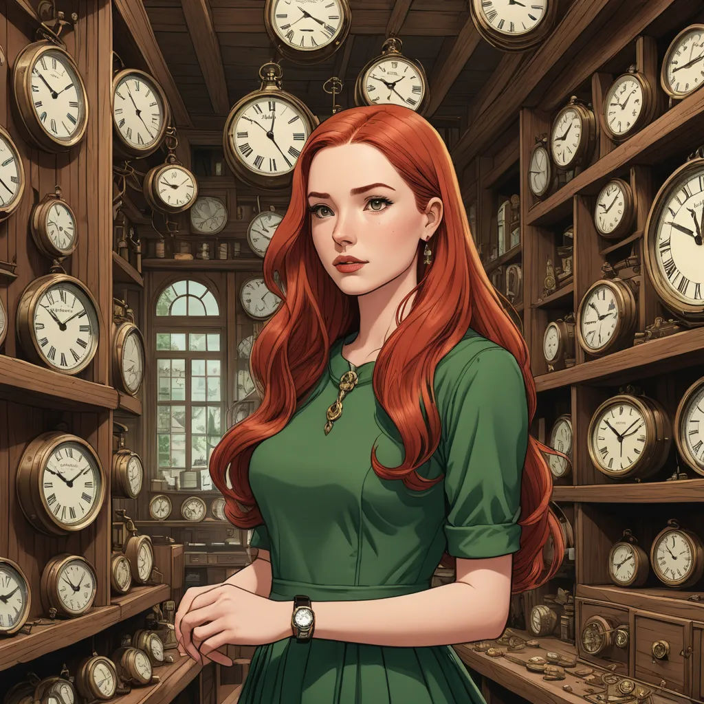 a woman standing in a room with many clocks on the wall behind her and a clock on the wall behind her, aestheticism, a character portrait, Clarice Beckett, kinkade