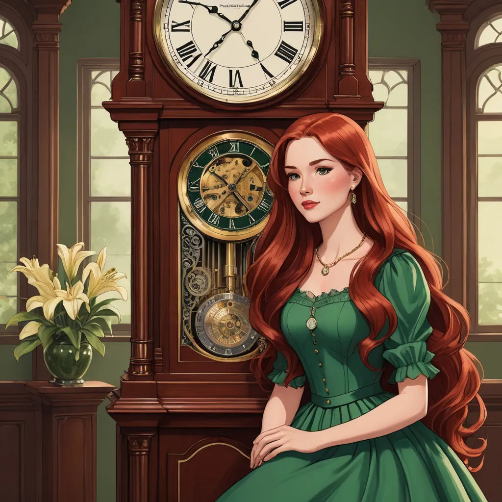 a painting of a woman in a green dress next to a clock with roman numerals on it, fantasy art, a storybook illustration, Clarice Beckett, victorian