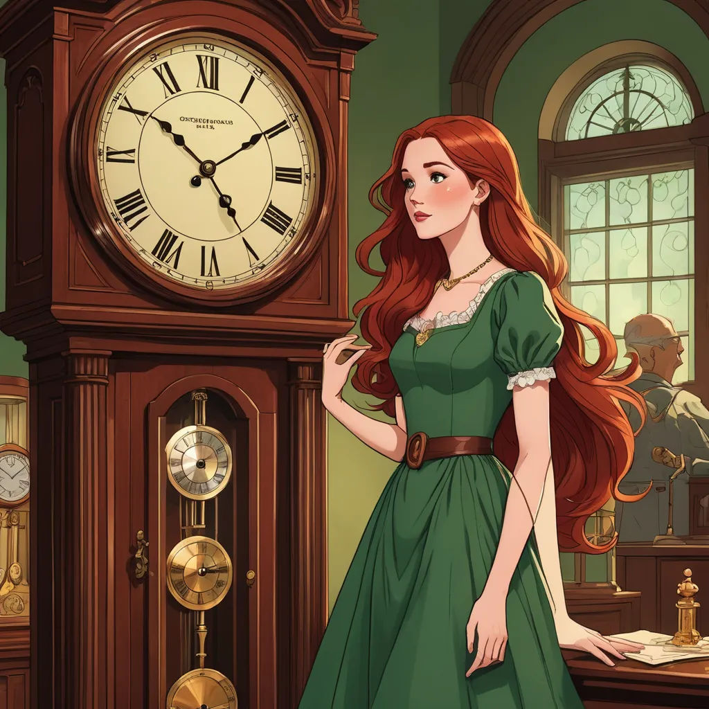 a woman in a green dress standing in front of a clock in a room with a large window and a large clock, pre-raphaelitism, a storybook illustration, Clarice Beckett, kinkade