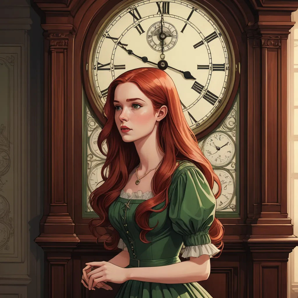 a woman in a green dress standing in front of a clock with a red hair and a green dress, fantasy art, a storybook illustration, Charlie Bowater, storybook illustration