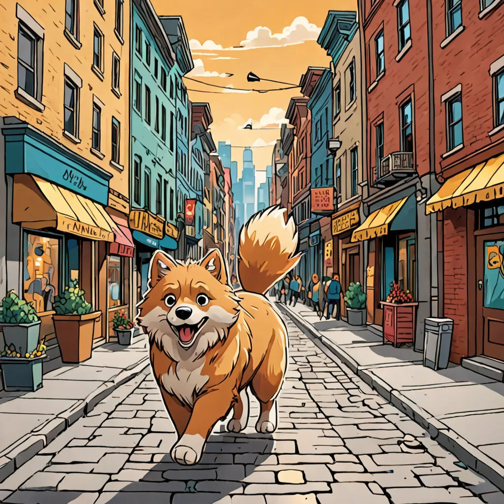 a cartoon of a dog running down a street in a city with buildings and people on the sidewalk and a person walking down the street, furry art, a comic book panel, Chris LaBrooy, comic cover art