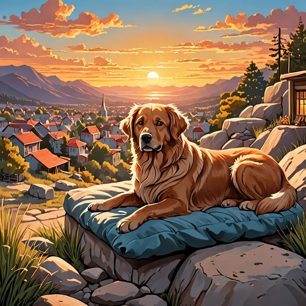 a dog is sitting on a pillow in the mountains at sunset with a view of a town and mountains, american scene painting, a storybook illustration, Dan Mumford, highly detailed digital painting