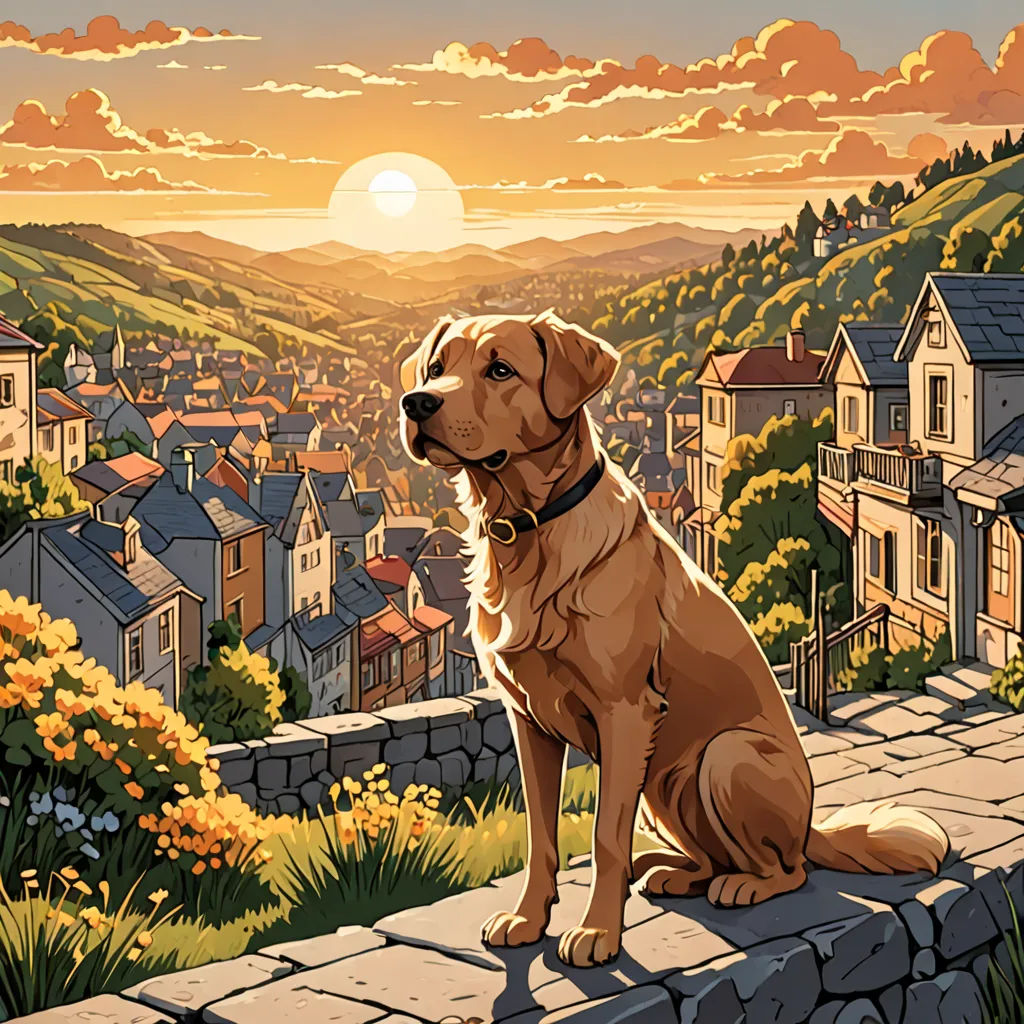 a dog sitting on a stone wall looking at the sunset over a town with houses and hills in the background, furry art, a comic book panel, Dan Mumford, comic cover art