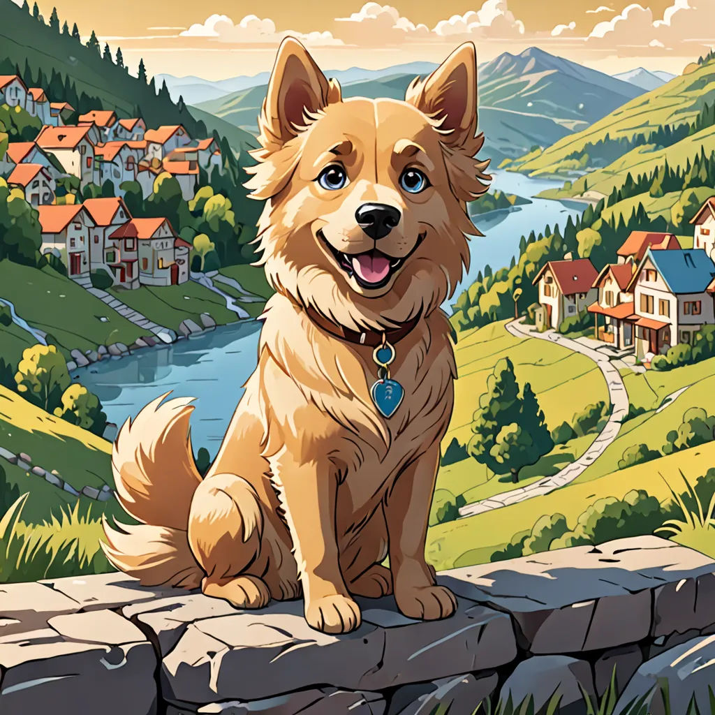 a dog sitting on a rock in front of a scenic landscape with houses and a river in the background, american scene painting, a storybook illustration, Dan Mumford, josan gonzales and dan mumford