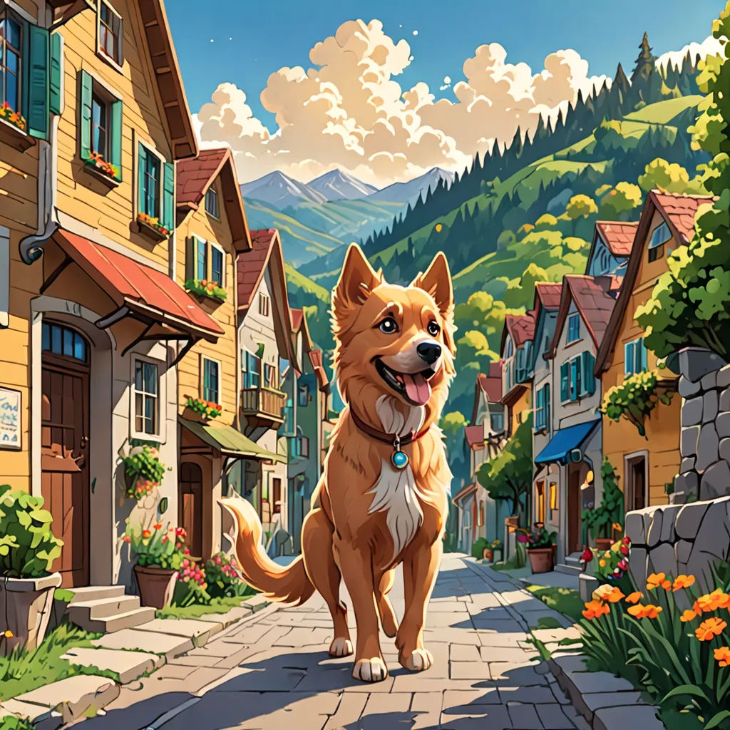 a dog is standing on a cobblestone road in front of a village with a mountain range in the background, american scene painting, a storybook illustration, Chris LaBrooy, kinkade