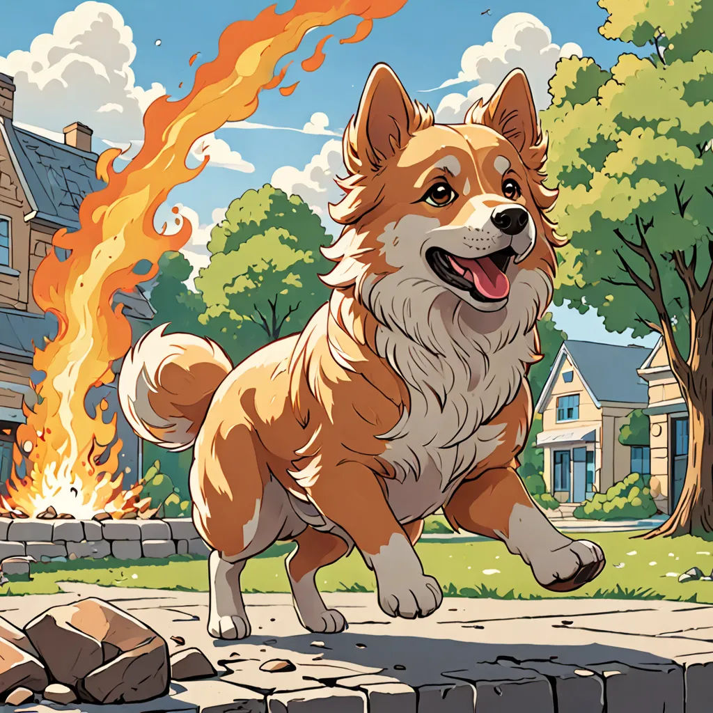 a dog running on a sidewalk near a fire pit with a house in the background and a fire coming out of its mouth, context art, a storybook illustration, Chris LaBrooy, official art