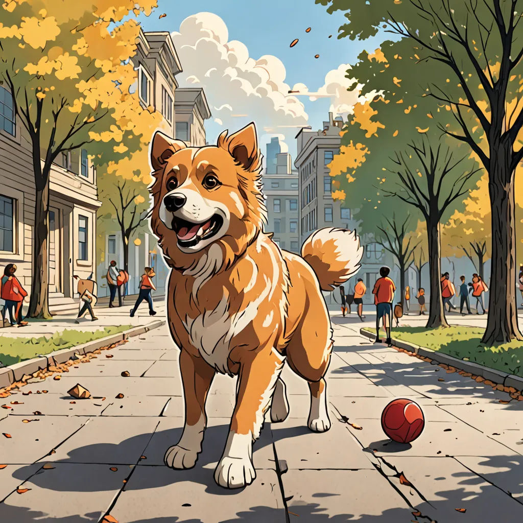 a dog standing on a sidewalk next to a red ball and trees with leaves on it and people walking on the sidewalk, american scene painting, a storybook illustration, Chris LaBrooy, josan gonzales and dan mumford