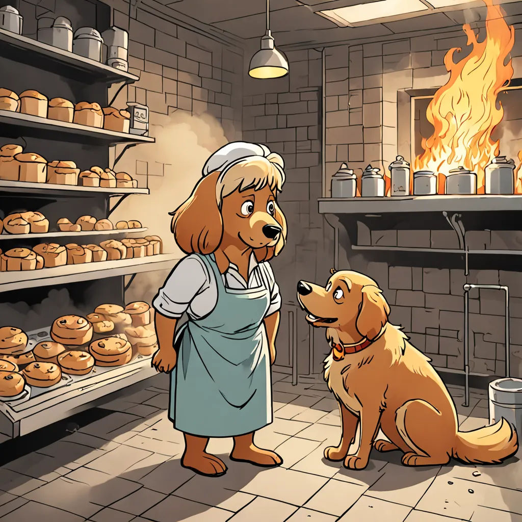 a dog and a woman in a bakery looking at each other's eyes while they are looking at the food, furry art, a storybook illustration, disney, storybook illustration