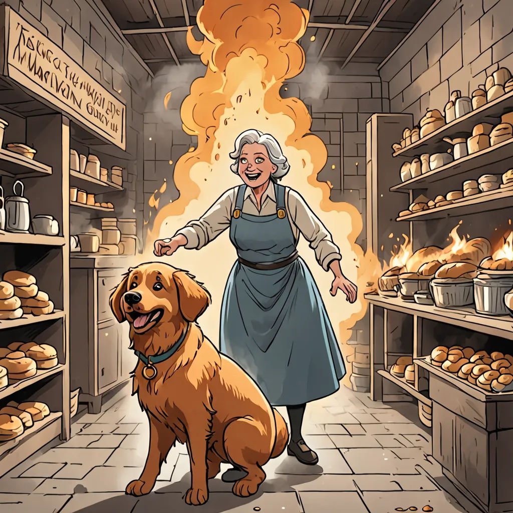 a woman in a kitchen with a dog in front of a fire in the oven and shelves full of bread, context art, a storybook illustration, Dan Mumford, storybook illustration